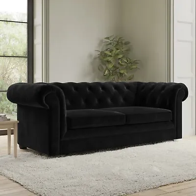 Black Velvet Chesterfield Pull Out Sofa Bed - Seats 3 - Bronte SOF188 • £759.92