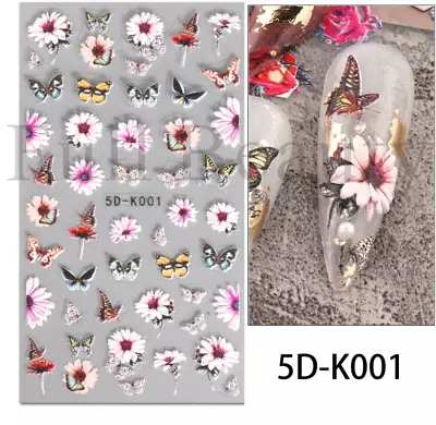 5D Embossed Butterfly Rose Flower Daisy Nail Art Sticker Manicure DIY NH24 • $2.95