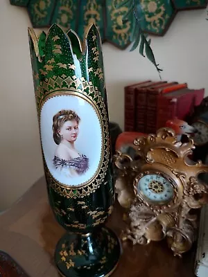 Large 12  Bohemian Moser Type Green Glass Hand Painted Portrait Vase • $349