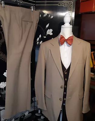 VTG 60s 70s Beige Polyester 3 Piece Suit Mens 40 Tall 33W X 32.25L Disco Bells • $75