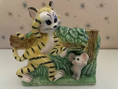 Vintage Majolica Anthropomorphic Yellow Tiger Kitty Cat & Mouse Ceramic Planter • $55