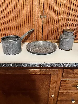 Lot Antique Vtg Gray Mottled Enamelware Saucepan Pie Pan Berry Bucket Cream Can • $34.50