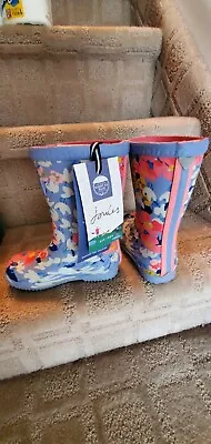 Joules Girls Blue/Pink/White Floral Roll Up Rain Boots NWT & Box Size 9 Kids • $30