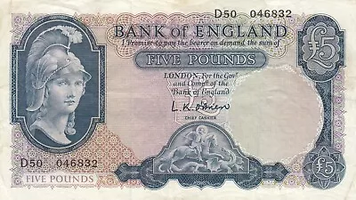 Bank Of England UK Great Britain Britannia 5 Pounds (1957)  O'Brien  P-371 VF • $69.99