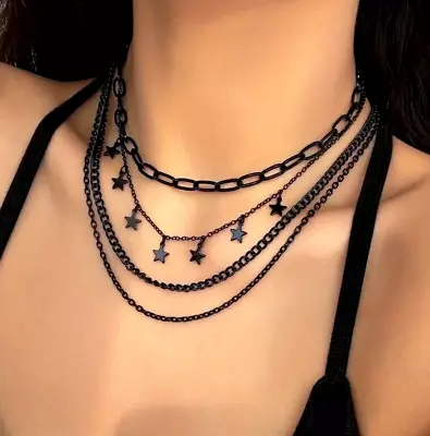 Fashion Vintage Black 4-Piece Hip Hop Style Copper Star Pendant Necklace Set • $16.98