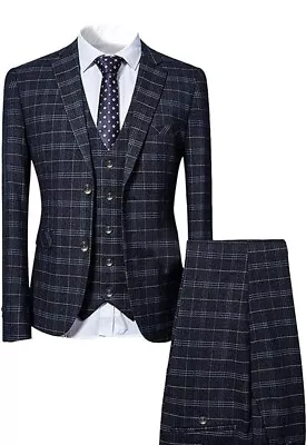 Mens 3 Piece Slim Checked Suit Blue/Black Single Breasted 3XL 46R 41 W 51 Chest • $55