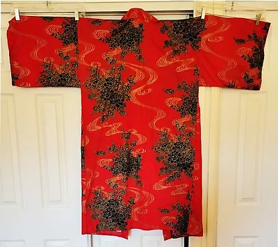 JAPANESE COTTON Long Yukata KIMONO ROBE Black & Gold Floral On Red Med • £27.02