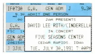 David Lee Roth Cinderella Concert Ticket Stub July 30 1991 Cedar Rapids Iowa • $17.49