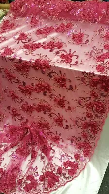 Fuchsia Lace 3D Satin Floral Flowers Sequin Mesh Fabric By The Yard Embroidery • $21.99