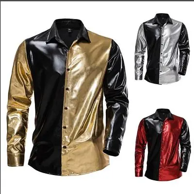 Mens Youth Fashion Metallic Shiny Two Tone Long Sleeves Casual Dress Shirt SKGB • £26.39