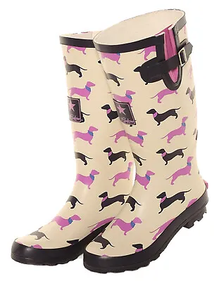 £29.99 • Buy Ladies Sausage Dog Print Matt Wellies Slip On Wellington Boots Sizes 4 To 8