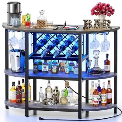 Bar Table Cabinet With Power Outlet LED Home Mini Bar Cabinet For Liquor Grey • $240.83