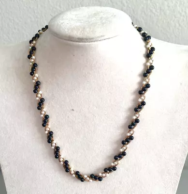 Vintage Sarah Coventry 18   Faux White Pearl Black Bead Twisted Look Necklace • $12.99