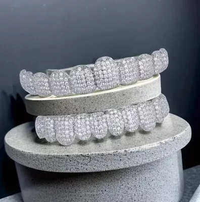 SOLID 925 Silver Simulated Diamonds Custom GRILLZ Teeth Top Bottom Set HipHop CZ • $35