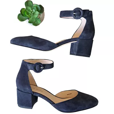 Pelle Moda Midnight Blue Uma D'Orsay Suede Pumps Size 7.5 Block Heel Mary Jane • $39.99