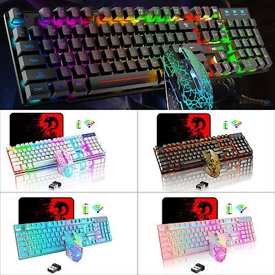 Black Wireless Gaming Keyboard Mouse Combo Rainbow Backlit USB For PC Laptop PS4 • $56.99