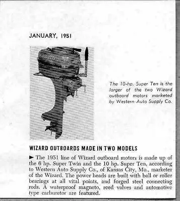 1951 Magazine Photo Wizard 10 HP Super Ten Outboard Motors Western Auto • $8.60