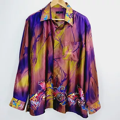 Orlando Shirt Mens Size 42 Blue Loud Colourful Silk-like Long Sleeve Purple • $49.99