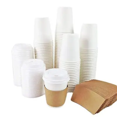 12oz White Paper Coffee Cups With White Lids And Sleeves Disposable (Full Set) • £8.40