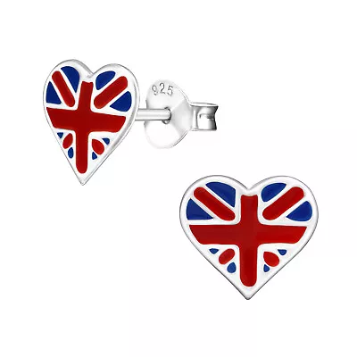 Hearts England British Flag Union Jack 925 Sterling Silver Ear Studs Earrings UK • £6.95