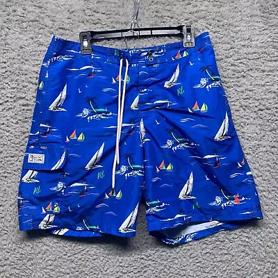 Polo Ralph Lauren Mens Large Swim Trunks All Over Print Blue Lined Pockets • $17.42