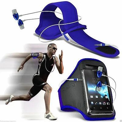 Blue✔Quality Sports Armband Gym Running Phone Case Cover+In Ear Headphones • £8.95