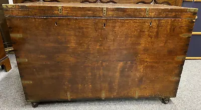 English Antique Oak Silver Chest Brass Bound Storage Trunk On Castors • £425