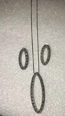 Vintage Sterling Silver Marcasite Necklace Earrings Set Art Deco Design W Chain • $34