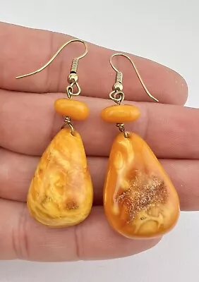 Vintage Carved Baltic Butterscotch Amber Post Hook Dangle Earrings 2.25  -7.2g • $75