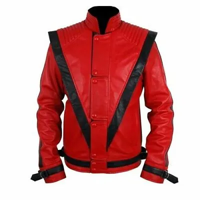 Michael Jackson Thriller Style Music Men's Red And Black Real Leather Jacket • $89.99