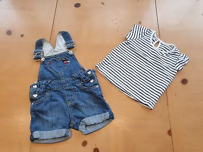 Matalan Baby Girl's Striped T-Shirt Denim Dungaree Summer Set Size 3 - 6 Months • £0.99