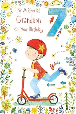 GRANDSON 7th BIRTHDAY CARD ~ AGE 7 ~ SCOOTER DESIGN QUALITY CARD & LOVELY VERSE • £3.19