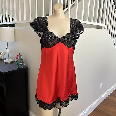 Vintage RED Liquid Satin Scaasi Lace Negligee Nightgown Lingerie Nightie Medium • $19.99