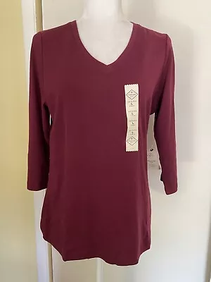 St. John’s Bay V Neck~3/4 Sleeve~Cotton Top/Tee~Wine/Burgundy ~Size Large~NWT • $8.99