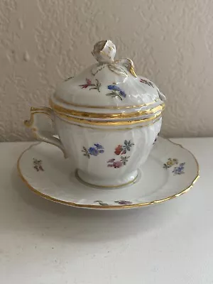 Antique Haas & Czjzek Porcelain Condiment Jar W/ Attached Underplate Floral Dec. • $75