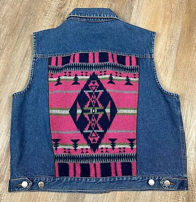 Pendleton Denim Wool Vest Womens L Navajo Aztec Blanket Back Pink Western Wear • £42.74