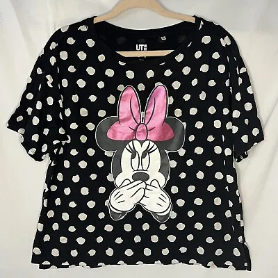 Uni Qlo + Disney Minnie Mouse Black/White Polka Dot Shiny Pink Bow Womens XL Top • $14.99