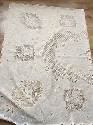 Tablecloth Lace Polyester Ivory Frilled Edge 68”x58” Vgc Rose Design • £6.50