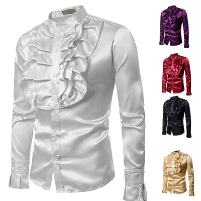 Men Satin Ruffle Shirts Chest Flower Prom Performance Costume Party Long Shirt • £12.05