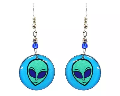 Round Alien Face Earrings UFO Head Sci Fi Trippy Galaxy Art Boho Space Jewelry • $13.99