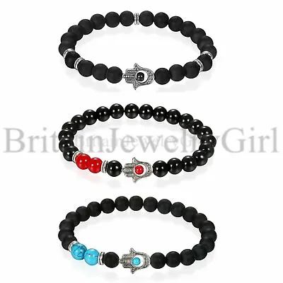 8MM Hamsa Hand Black Beads Evil Eye Bracelet Yoga Wristband For Men Women • $8.99