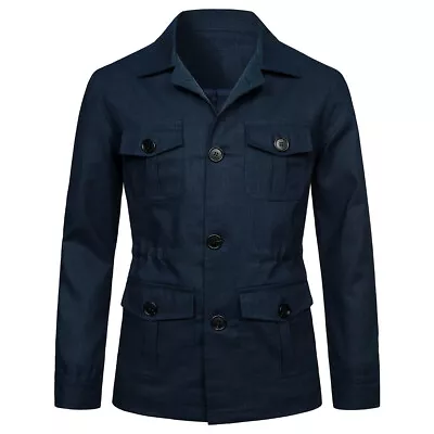 Men's 100% Linen Safari Jacket Pockets Slim Fit Hunting Coat Casual Tops British • $53.99