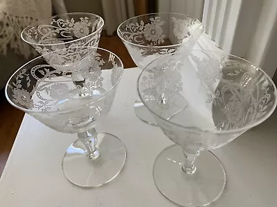 4 Vintage Tiffin Glass Horseshoe Ribbon Etch #601 Wine Glasses • $25