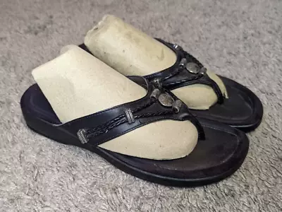 Minnetonka Silverthorne Black Leather Thong Flip Flops Women's Sz 8 • $12.99