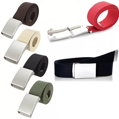 Mens Womens Army Webbing Belt Unisex Cotton Canvas Fabric Silver Buckle Belt • £4.25