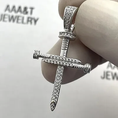 925  Solid Sterling Silver Cubic Zirconia Nail Cross Pendant • $19.99