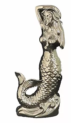 Mermaid Figurine 11 “Ceramic Silver  Statue Nautical Coastal Decor • $19.99