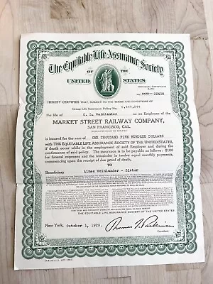 Antique 1929 Document Life Ins. Market Street Railway SF • $85