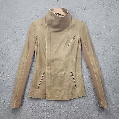 Veda Leather Moto Full Zip Up Jacket Long Sleeve Lined Womens Size M Beige READ! • $64.99