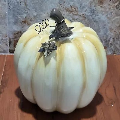 Yellow Ceramic Pumpkin Metal Leaves Fall Halloween Harvest Decor • $39.95